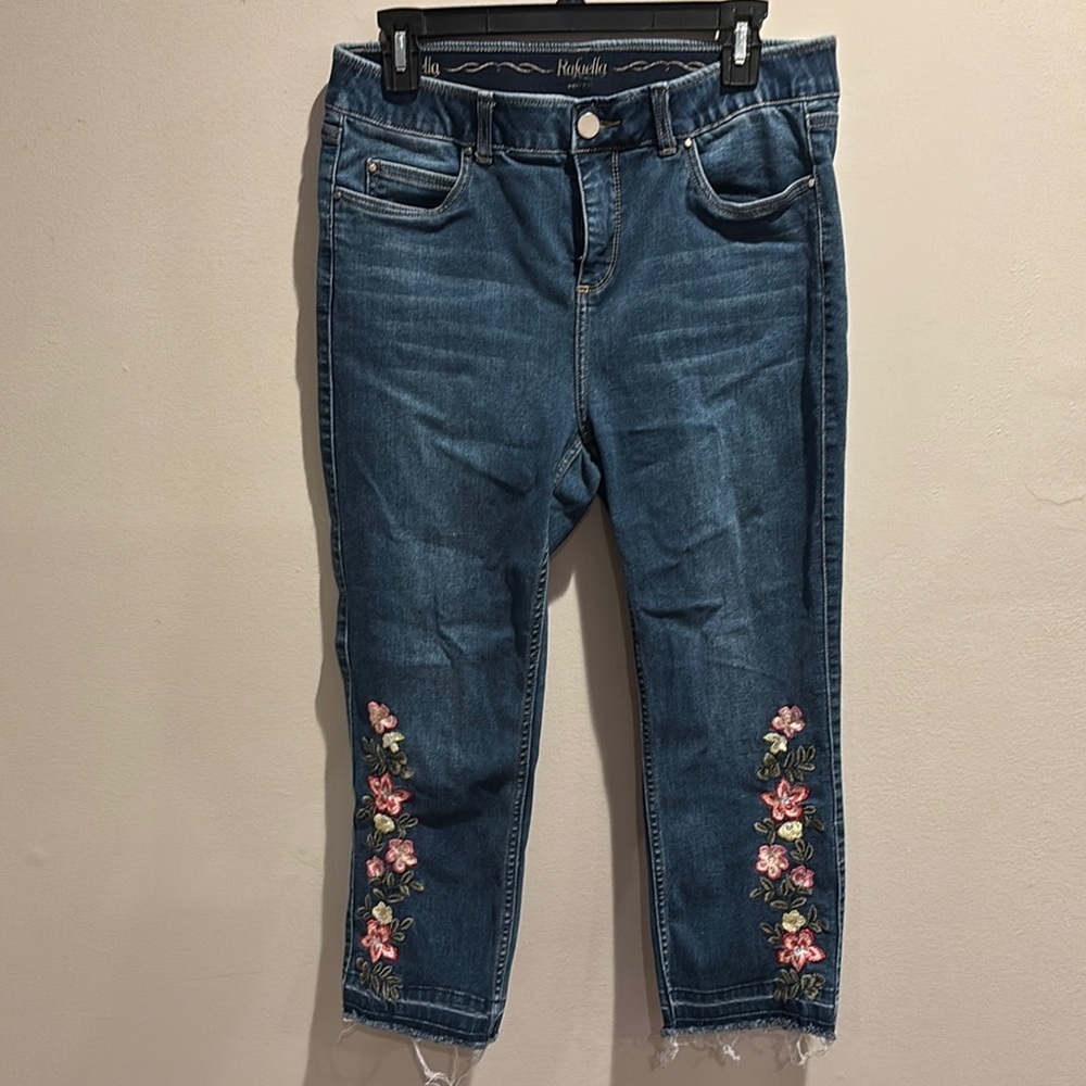 Rafaella Blue Ankle Cropped Jeans with Floral Embroidery size 10